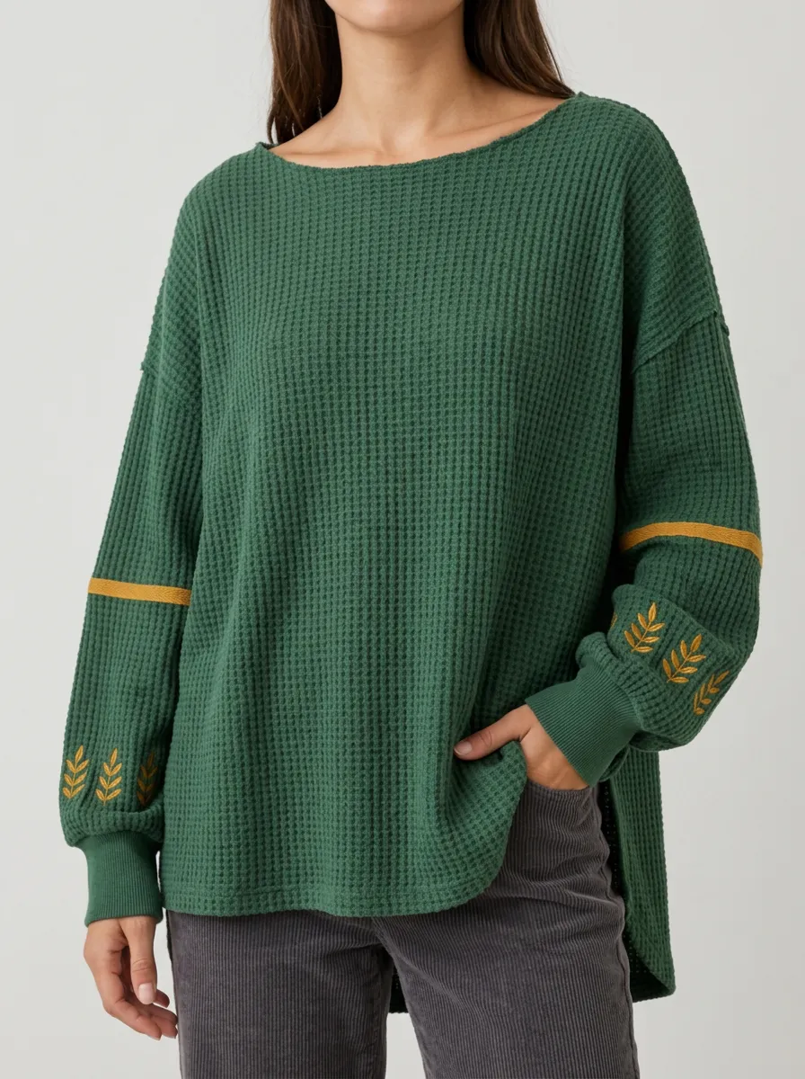 Women's Green Waffle Knit Leaf Embroidered Long Sleeve Top