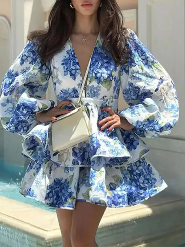 Clean Line Floral Printed Ruffle Mini Dress