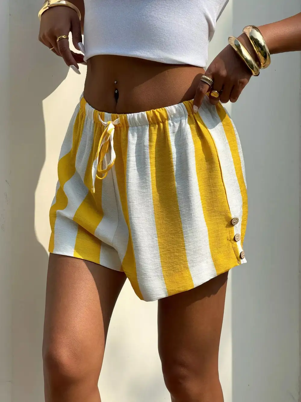 Textured Drawstring Striped Shorts