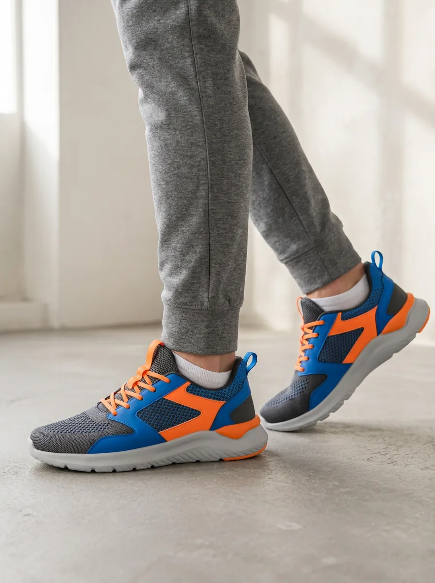 Men's Sporty Blue Orange Grey Colorblock Printed Sneakers