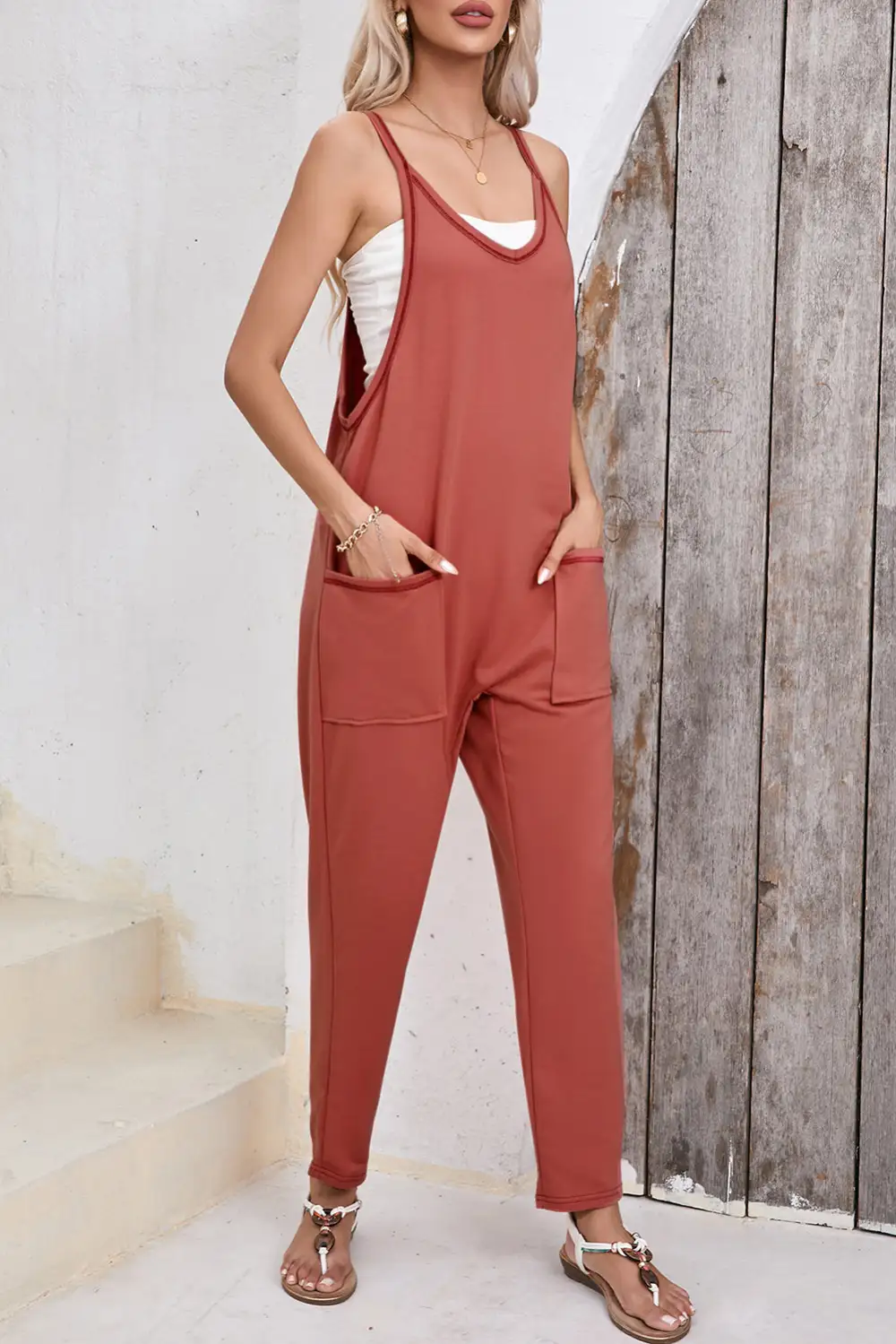 Side Pockets Harem Sleeveless V Neck Pants