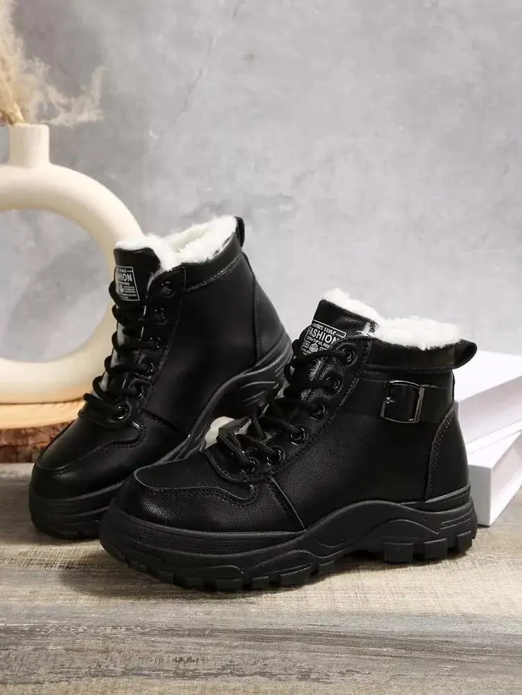 Warm Lined Ankle Boots with Buckle Detail