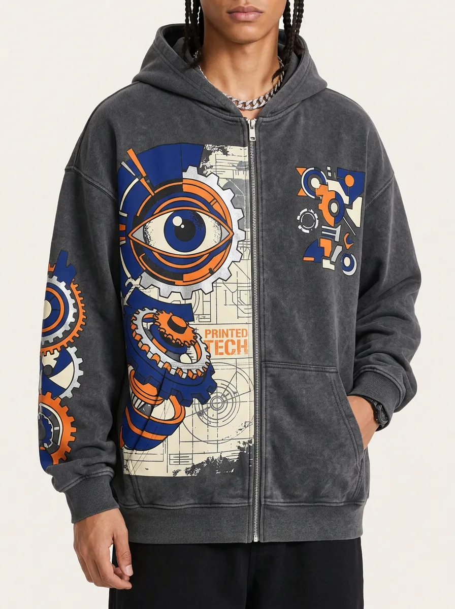 Men's Cyberpunk Eye Gear Printed Zip Up Hoodie