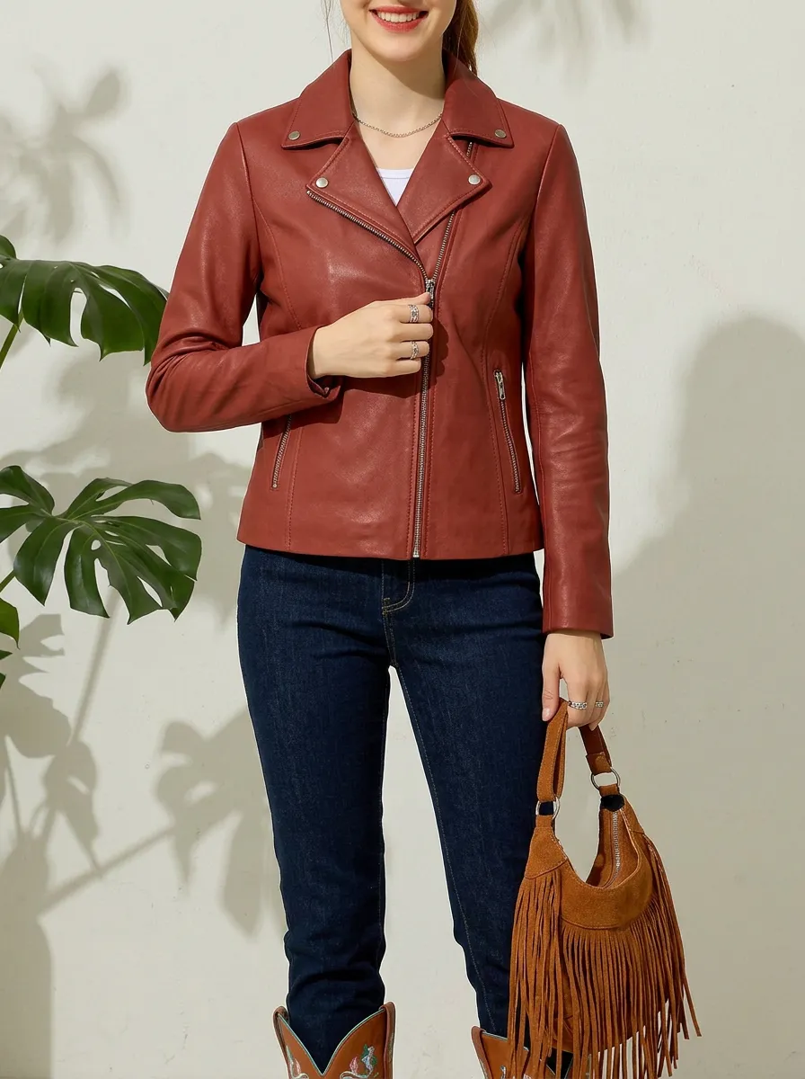 Women's Casual Rust Red Faux Leather Biker Jacket