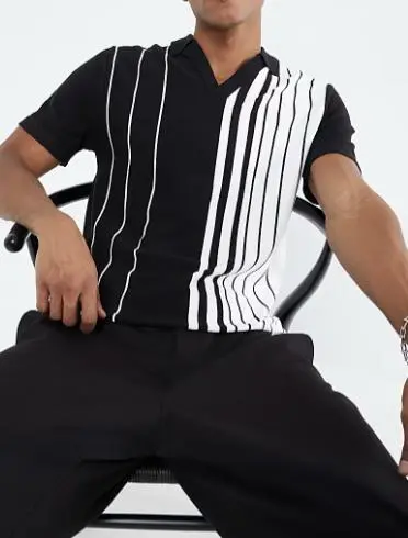 Men's Black And White Short-Sleeved Striped Lapel Shirt