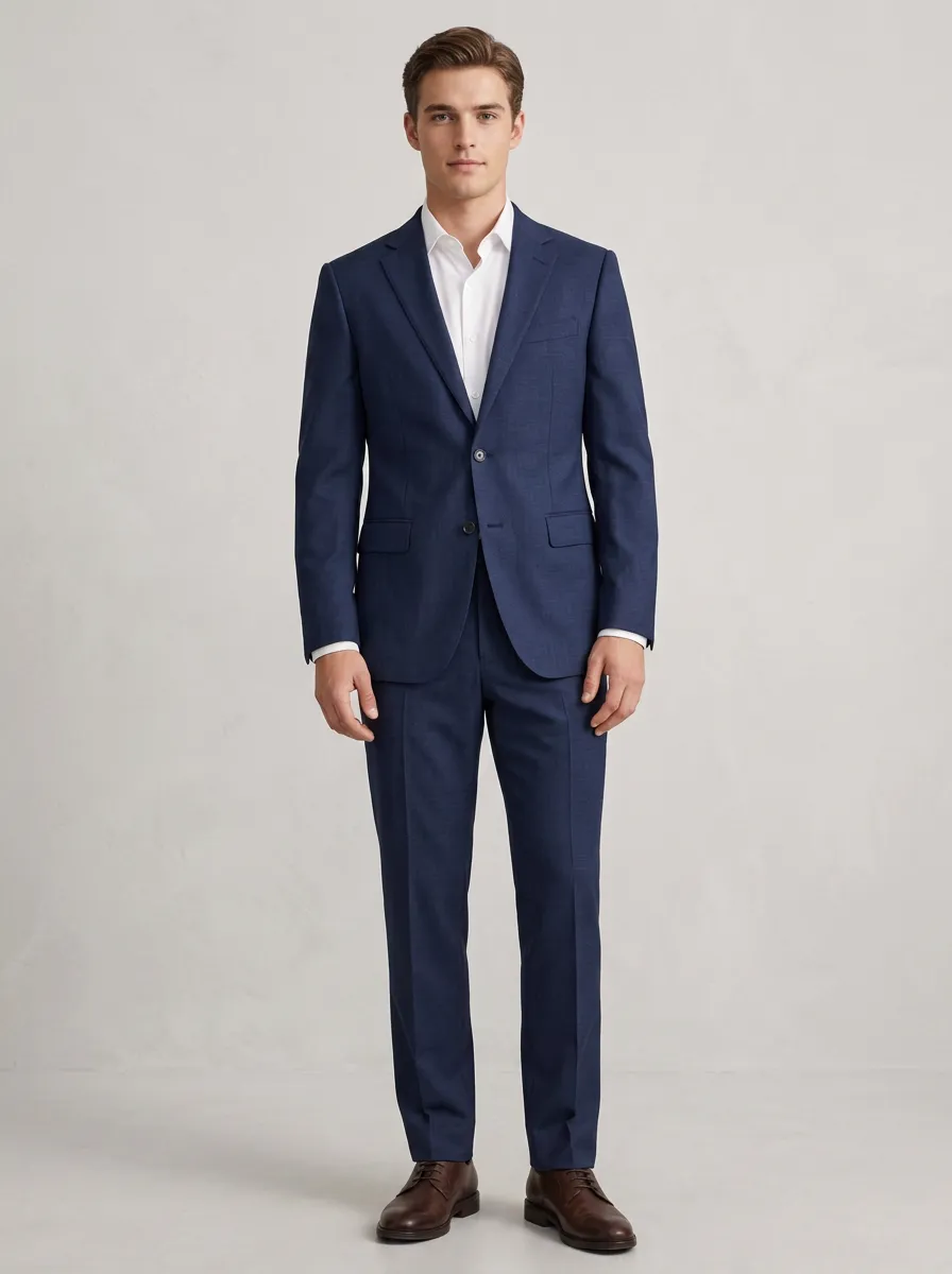 Men's Chest Pocket Business Formal Navy Blue Solid Color Tailored Suit