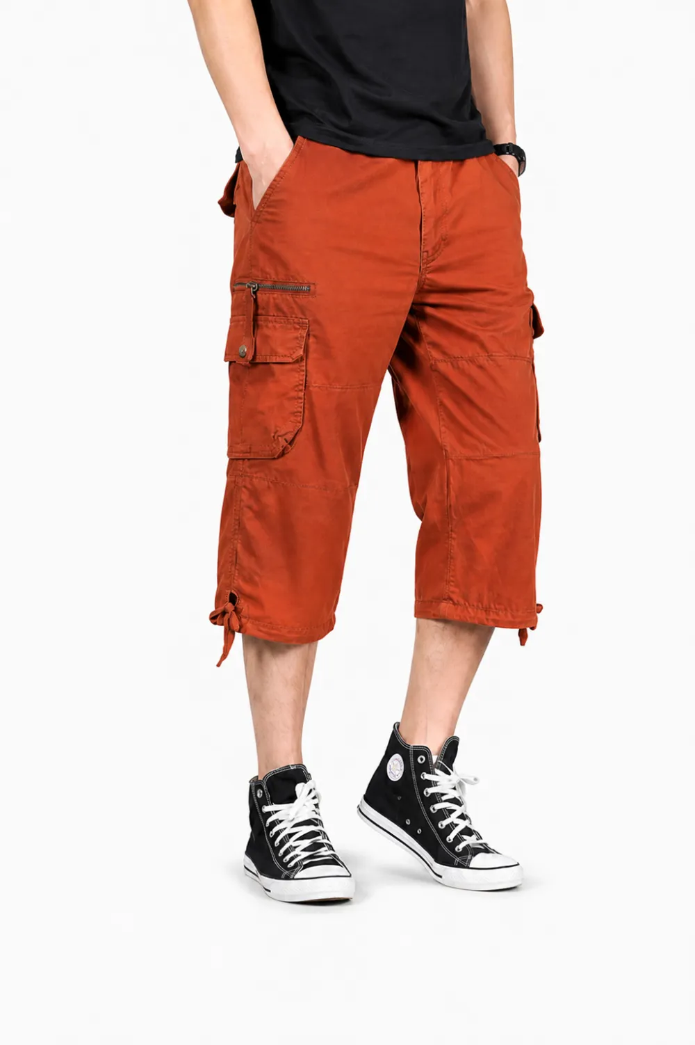 Men's Cropped Cargo Capri Pants with Utility Pockets and Drawstring Hem