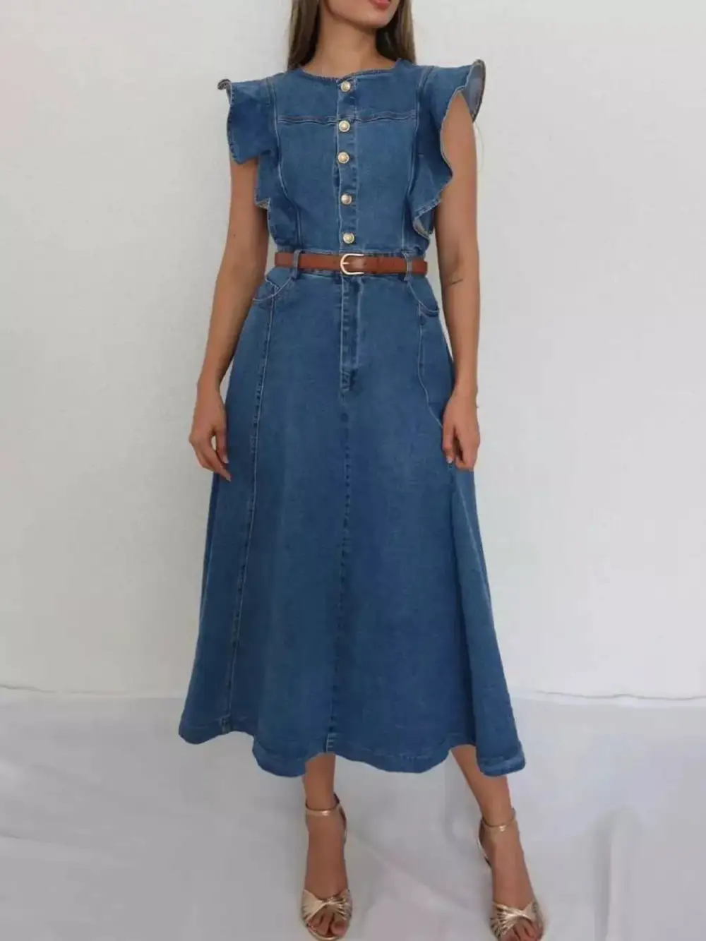 Denim Button Front Ruffle Dress Casual