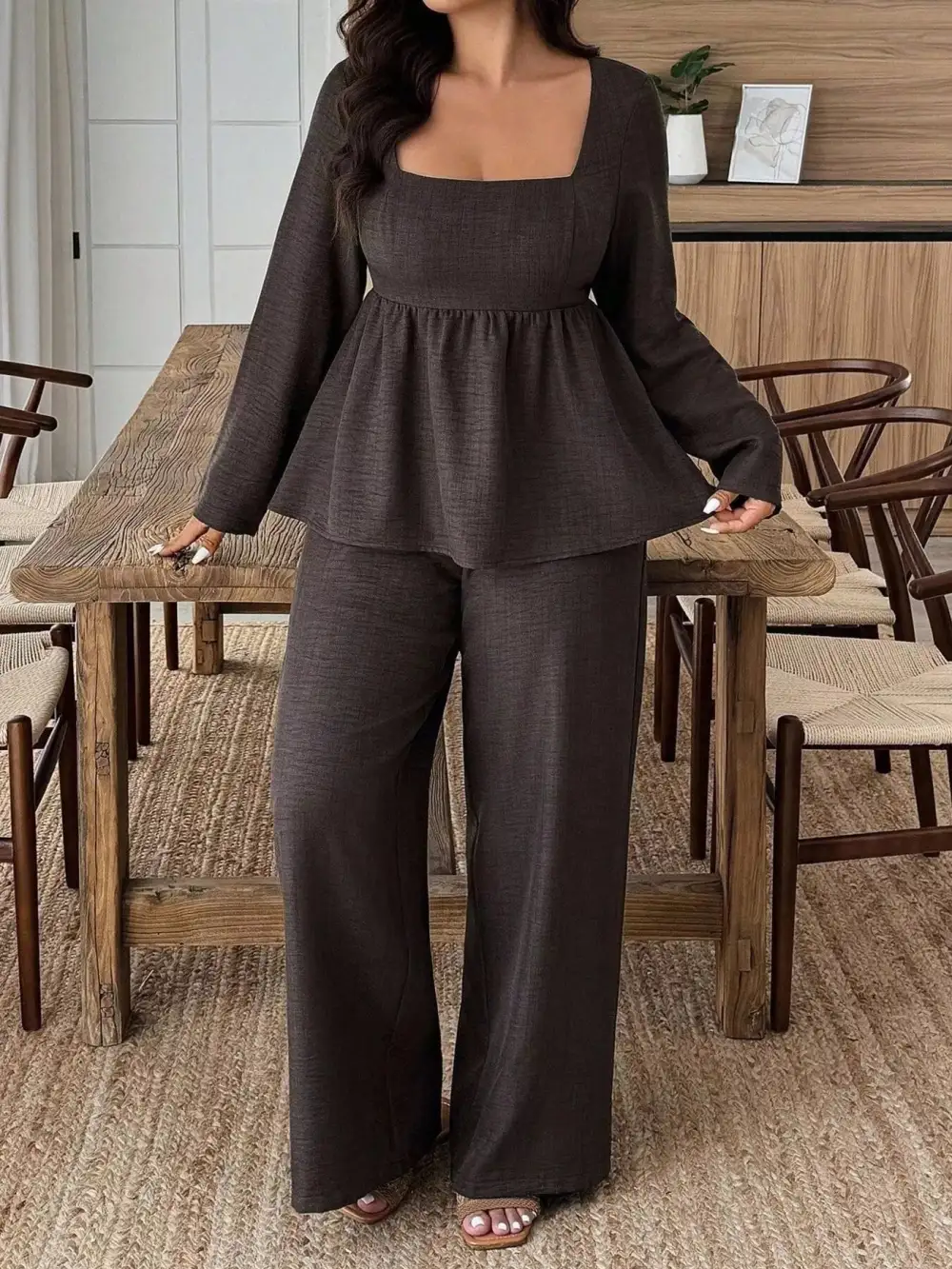Plus Size Square Neck Long Sleeve Top and Pants Two Piece Set