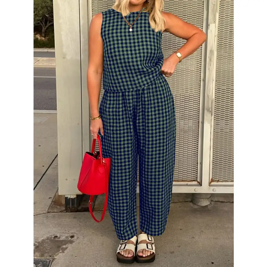 Lovelet Plaid Round Neck Sleeveless Top and Pants Set