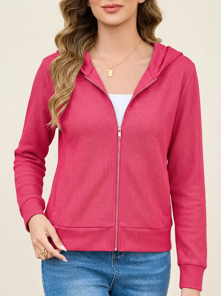 Waffle-Knit Knit-Texture Zip-Up Women's Zip-Up Hooded Jacket
