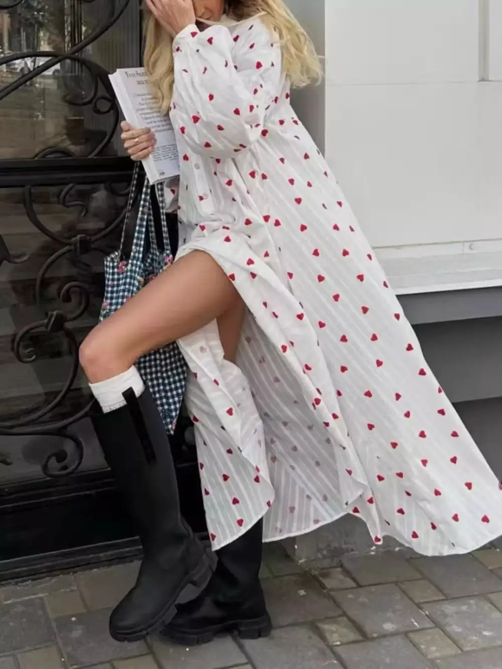 Heart Print Maxi Dress With Puff Sleeves