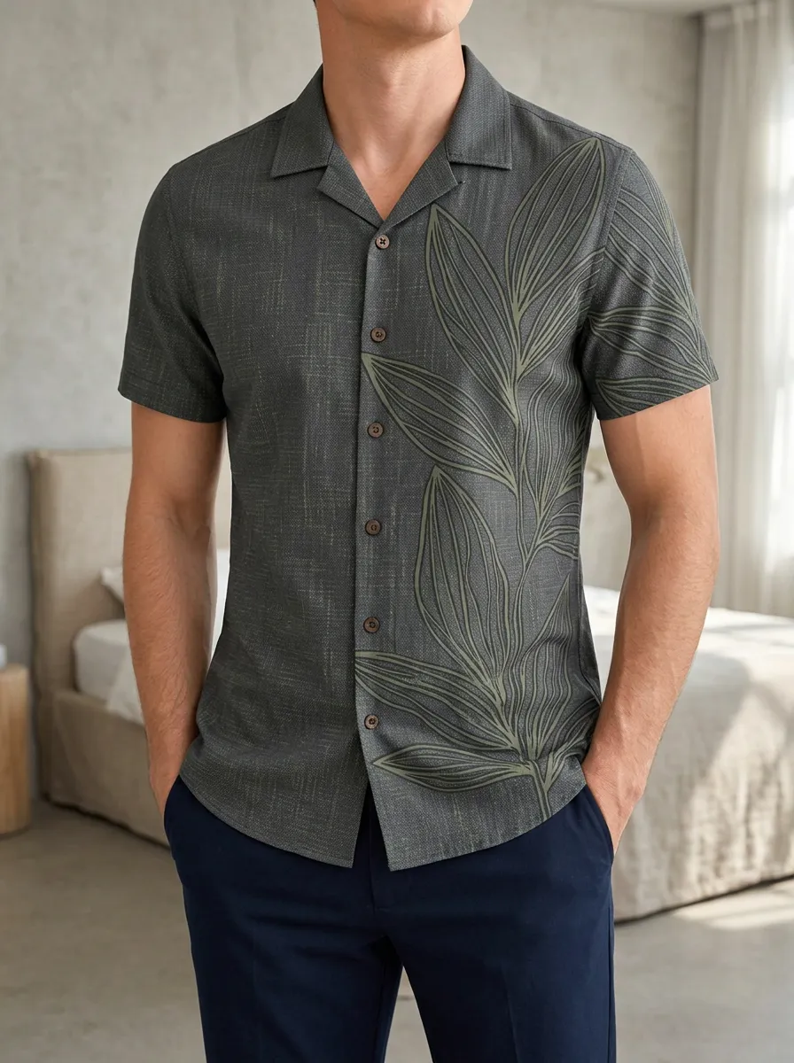 Men's Tropical Leaf Short Sleeve Camp Collar Slim Fit Shirt