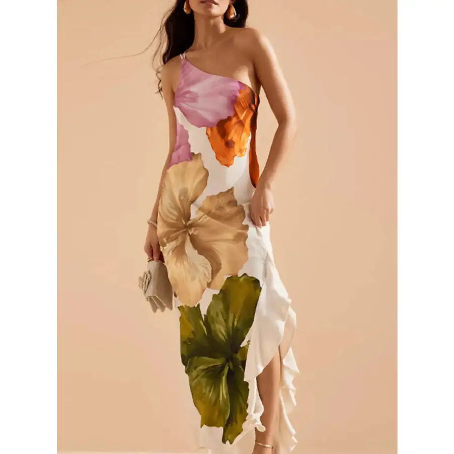Floral Print Single Shoulder Maxi Dress