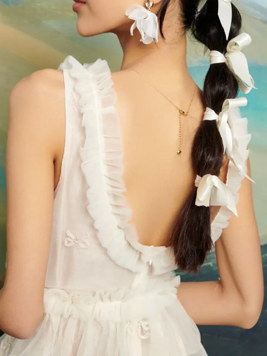 Casual Crew Neck Tulle Ruffle Top
