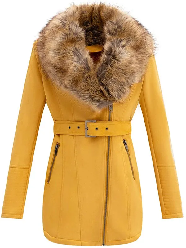 Ladies PU autumn/winter leather jacket with detachable faux fur collar