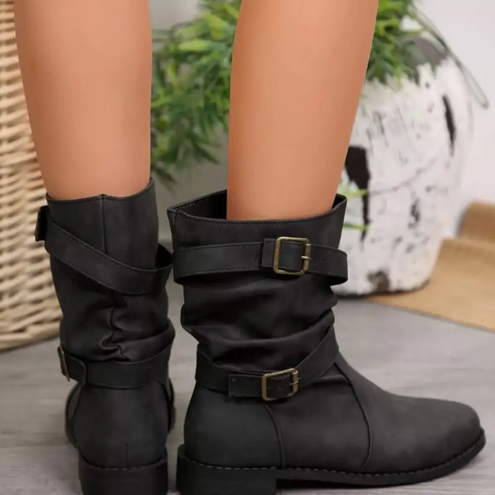 Buckled Low Heel Boots
