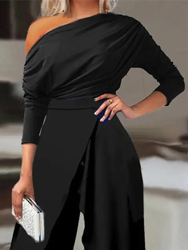 One Shoulder Long Sleeve Tee And Pants Set
