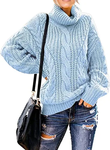 Women's 2025 Turtleneck Balloon Long Sleeve Casual Loose Chunky Cable Knit Pullover Sweater Outerwear