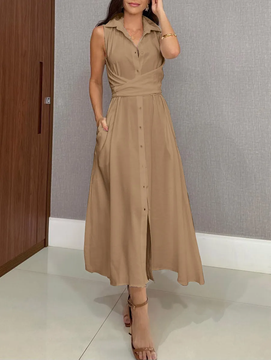 Shirt Style Single Breasted Tie Midi Dress
