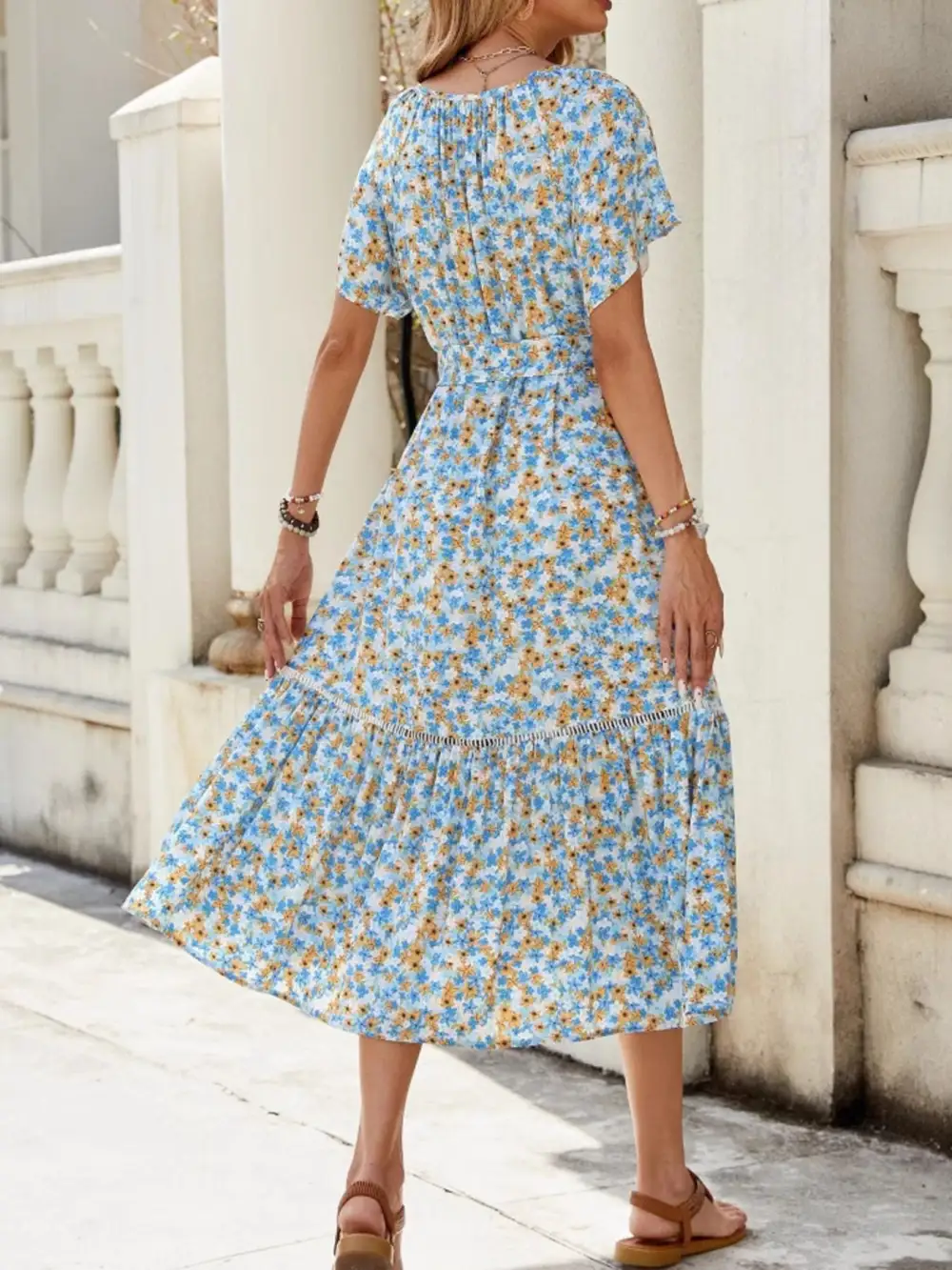 Structured Shape Floral Printed Ruffle Midi Dress