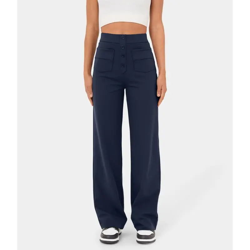 High Waisted Pockets Straight Leg Casual Pants