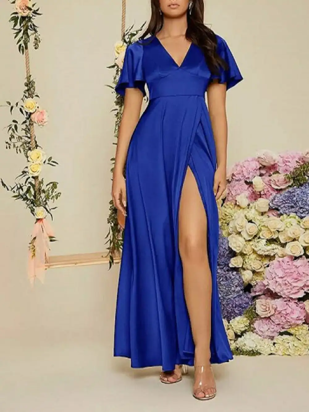 Slit Flutter Sleeve Maxi Dress