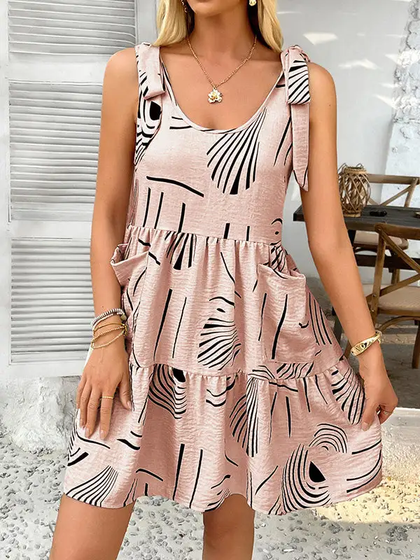 A Line Relaxed Contrast Color Pleated Pocket Printed Tied Spaghetti Neck