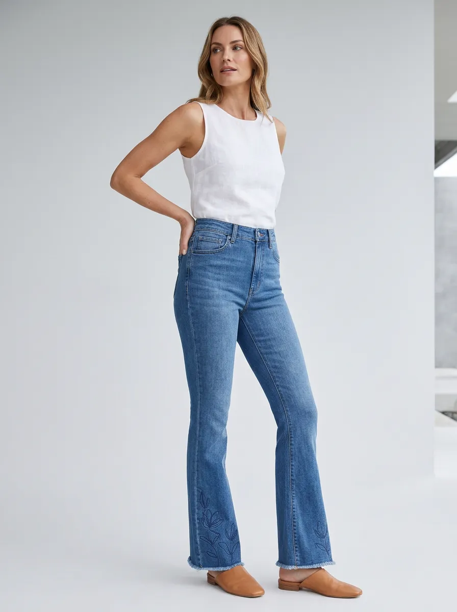 Women's Ranch Inspired Floral Embroidery Floral Embroidered High-Rise Flare Jeans