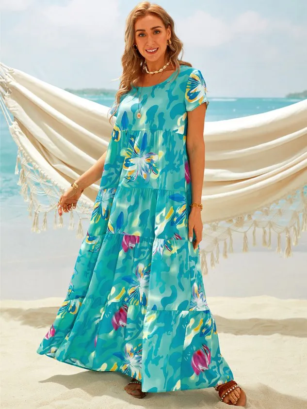 Plus Size Floral Print Short Sleeve Casual Maxi Dress