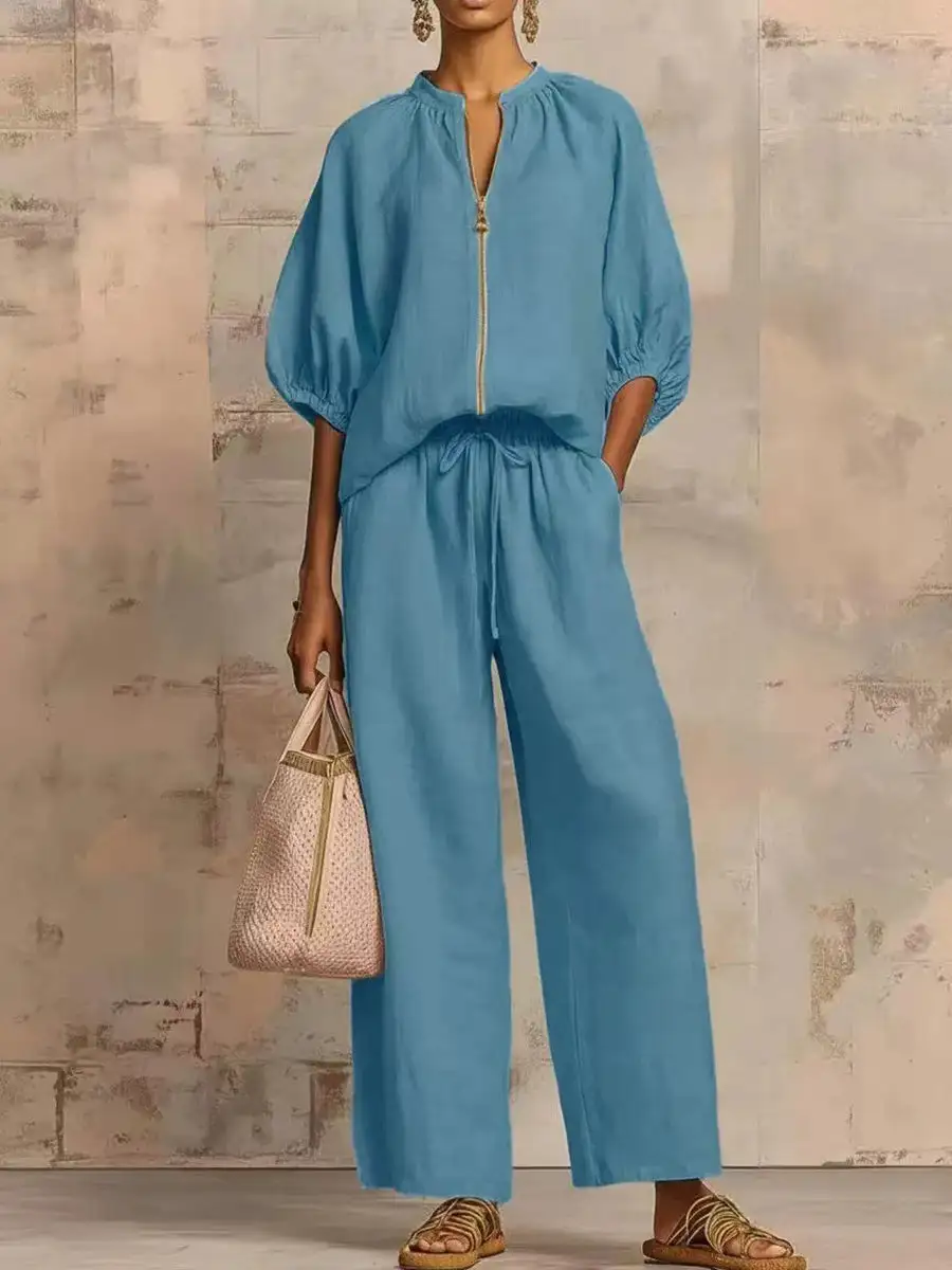 Half Sleeve Relaxed Drawstring Blouse And Pants Set
