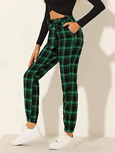 Women's Plaid Sweatpants Casual Tapered Tie High Waisted Tartan Pants with Pockets
