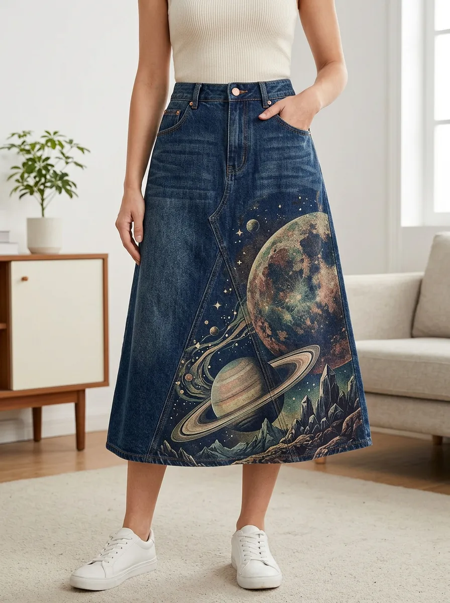 Women's Space Lover Planet Moon Printed Denim Midi Skirt