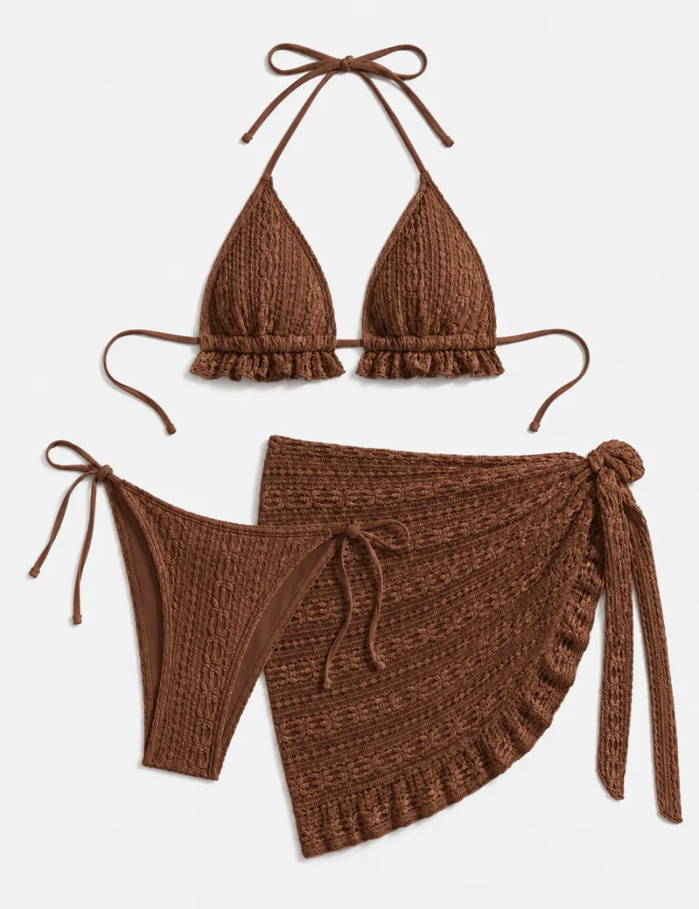 Solid Color Crochet Triangle Bikini Set with Cover Up Skirt