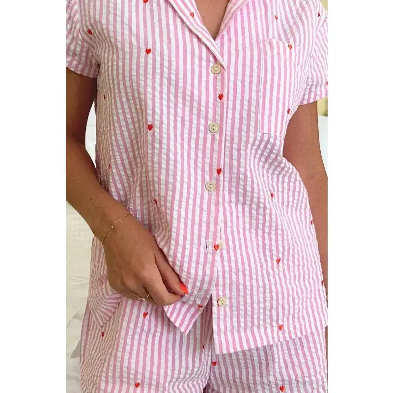 Striped Heart Short Sleeve Top and Shorts Lounge Set