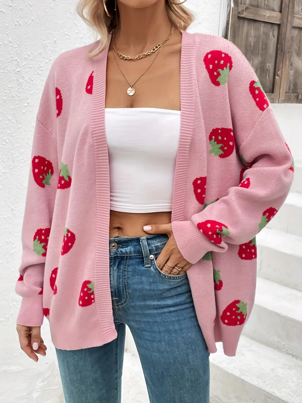 Elegant Long Sleeve Strawberry Pattern Open Front