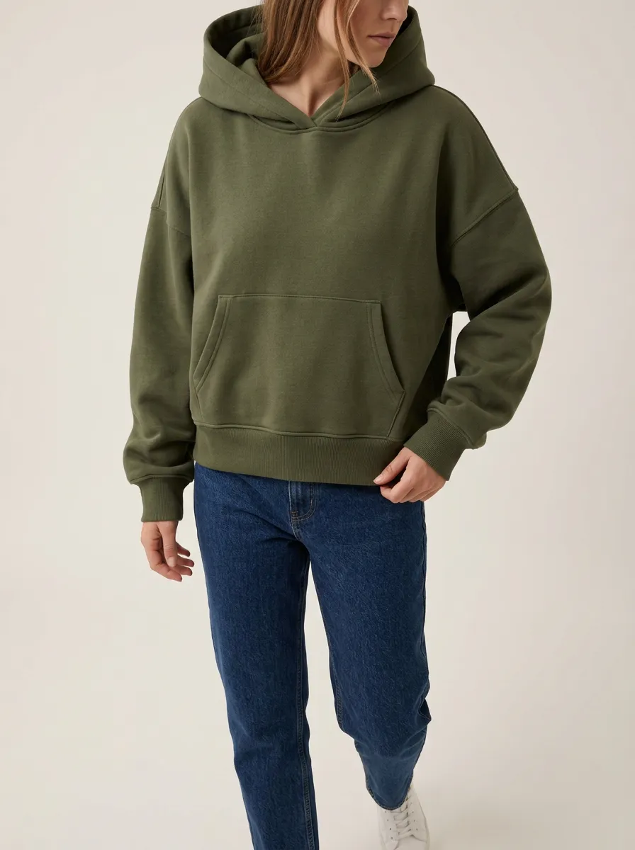Women's Casual Minimalist Olive Green Solid Pullover Hoodie