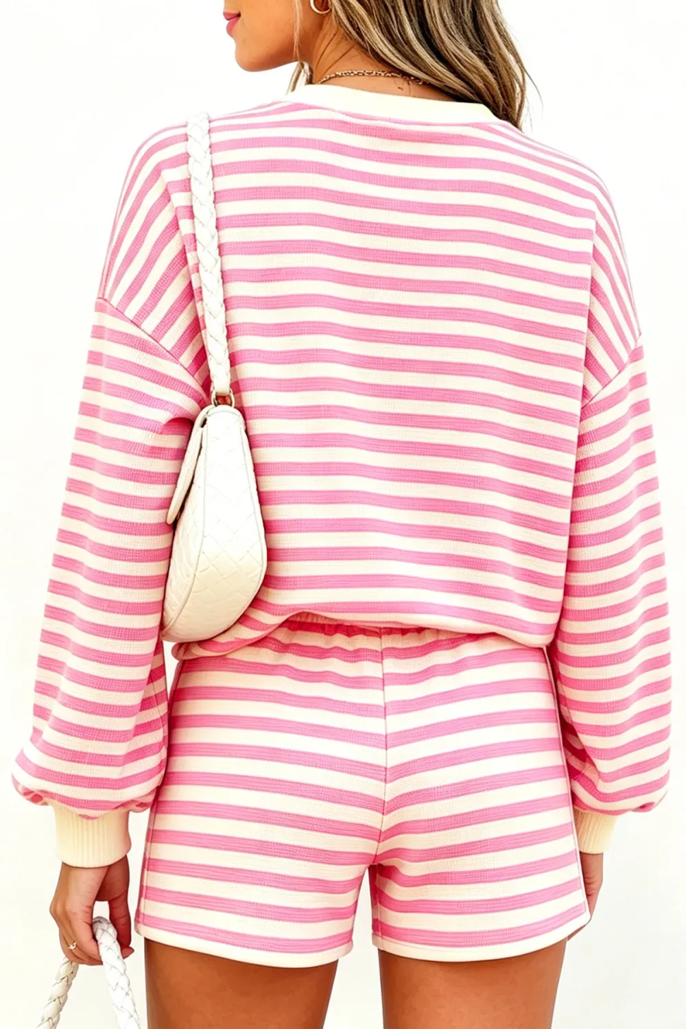 Drawstring Elastic-Waist Ribbed Striped Two-Piece Top and Shorts Set
