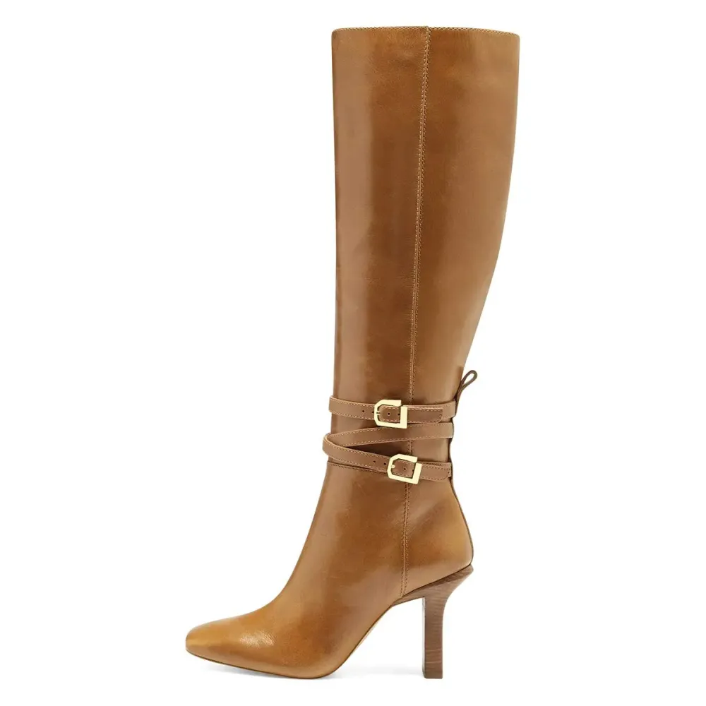 Buckle-Detail Zip-Up Square-Toe Pointed-Toe Knee-High Boots