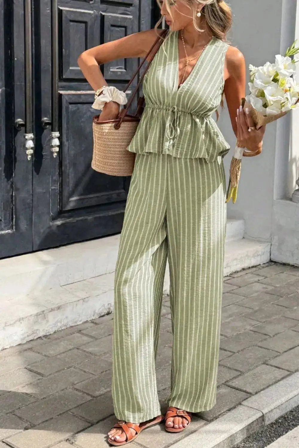 Textured Striped Sleeveless Top and Wide Leg Pants Set