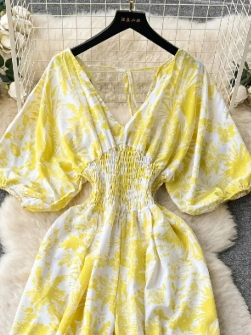 Smocked V Neck Wide Leg Jumpsuit