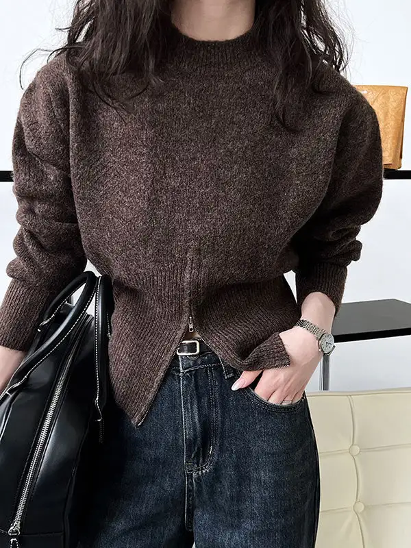 Zip Detail Mock Neck Long Sleeve Relaxed Fit Pullover Sweater