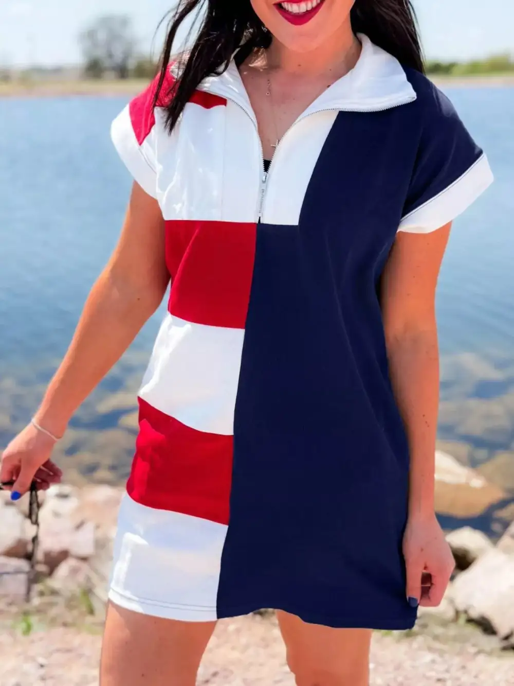 Striped Patchwork Zip Front Mini Dress