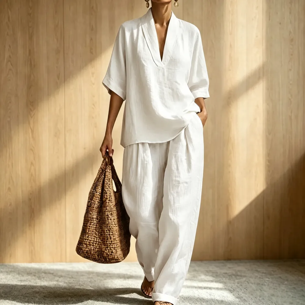 2026 New Relaxed Henley Top and Wide-Leg Pants Co-Ord Set