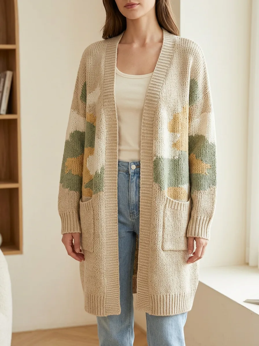 Women's Colorblock Pattern Knit Long Cardigan