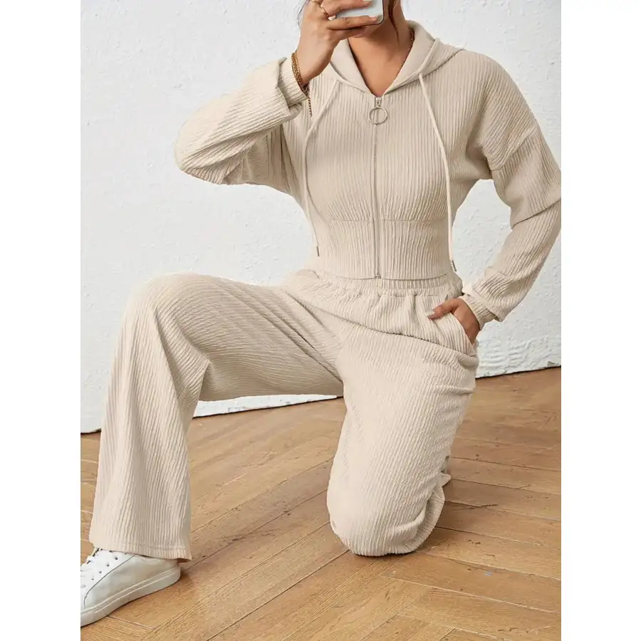 Drawstring Zip Up Hooded Top and Pants Set