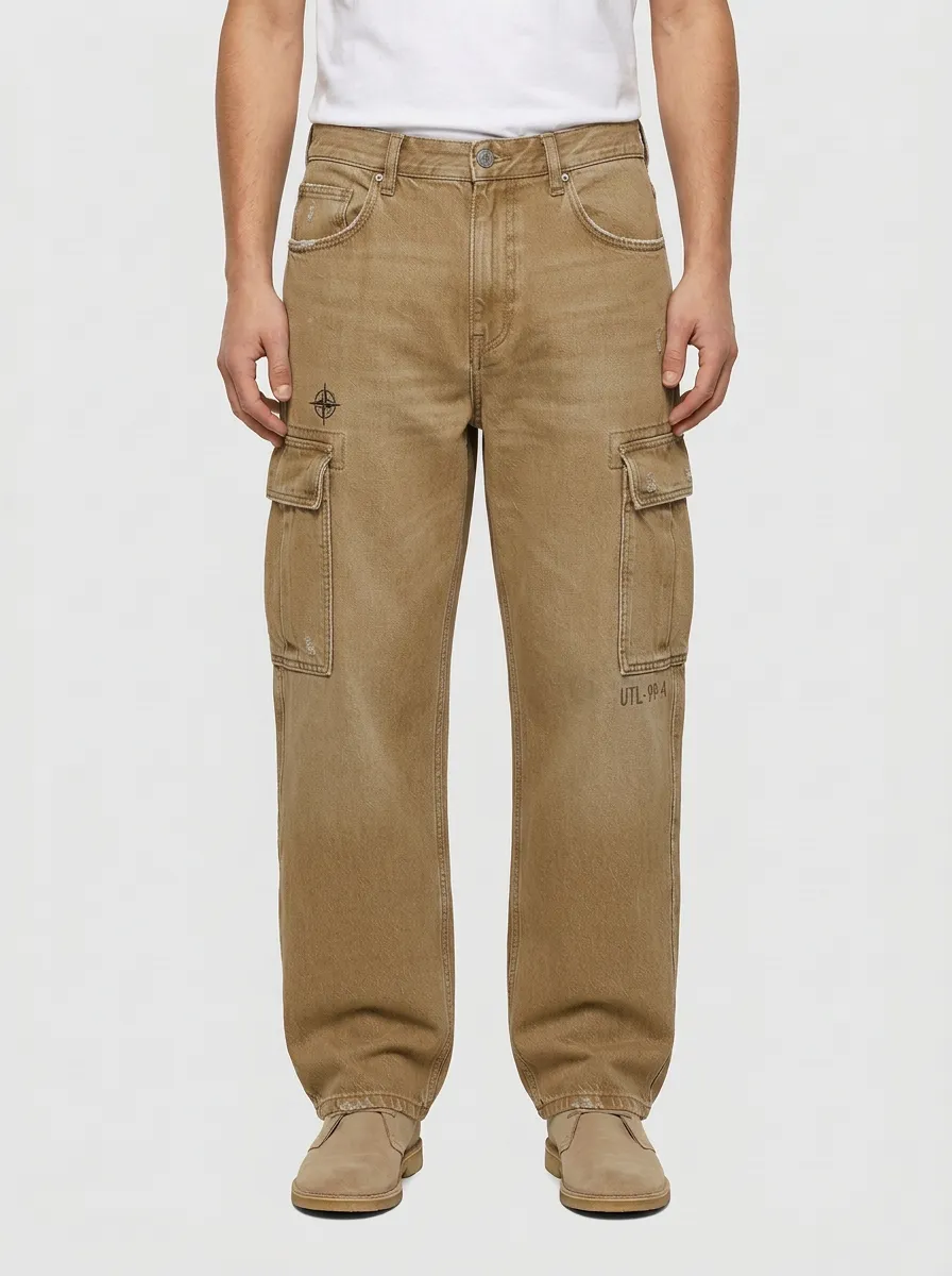 Men's Mid-Blue Embroidered Detail Relaxed Denim Cargo Pants