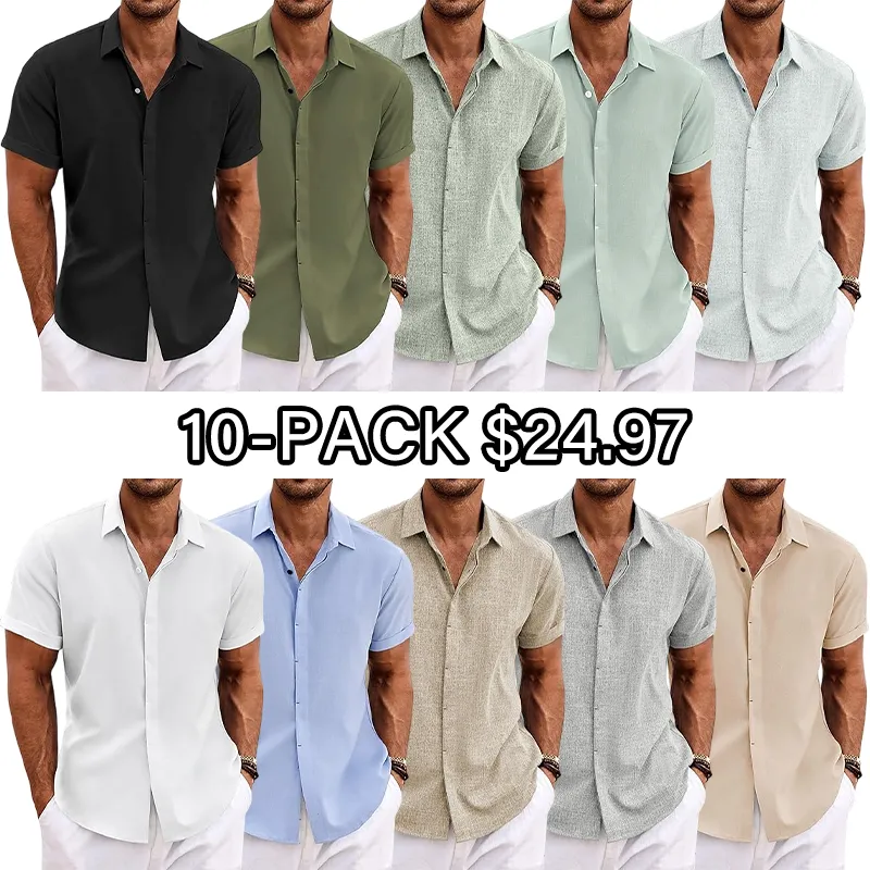 Men's Linen Shirts Short Sleeve Casual Shirts Button Down Shirt for Men Beach Summer Wedding Shirt