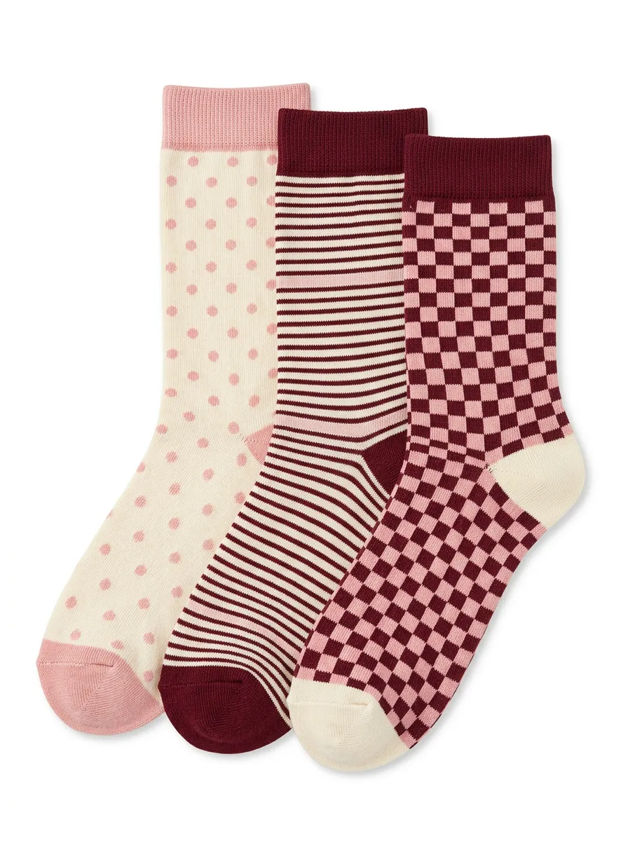 Polka Dot Striped Checkerboard Three Pair Sock Set