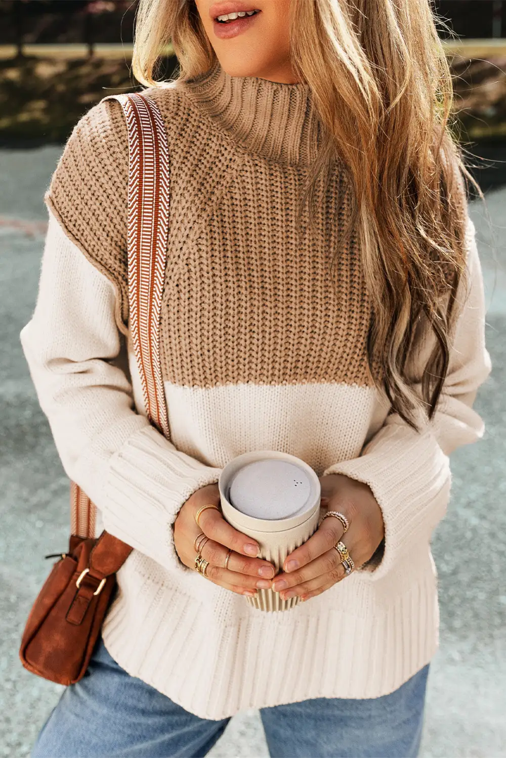 Cable Knit Color Block Side Slit High Neck Sweater